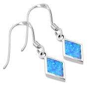 Synthetic Azure Blue Opal Rhombus Shape Silver Earrings, e403h
